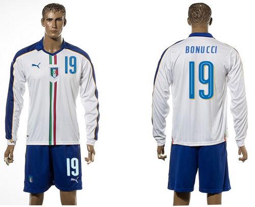 Italy #19 Bonucci White Away Long Sleeves Soccer Country Jersey